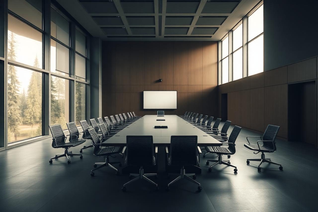 An empty boardroom with daylight through tall windows