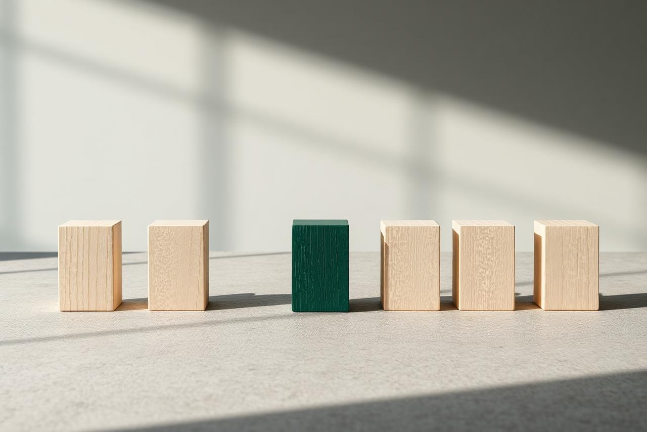 A single dark green block standing apart from a row of pale blocks