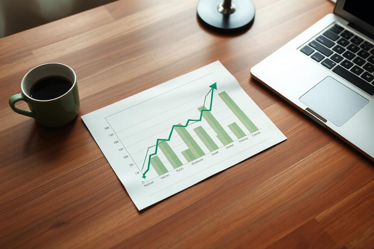 A printed growth chart on a desk beside a laptop and coffee