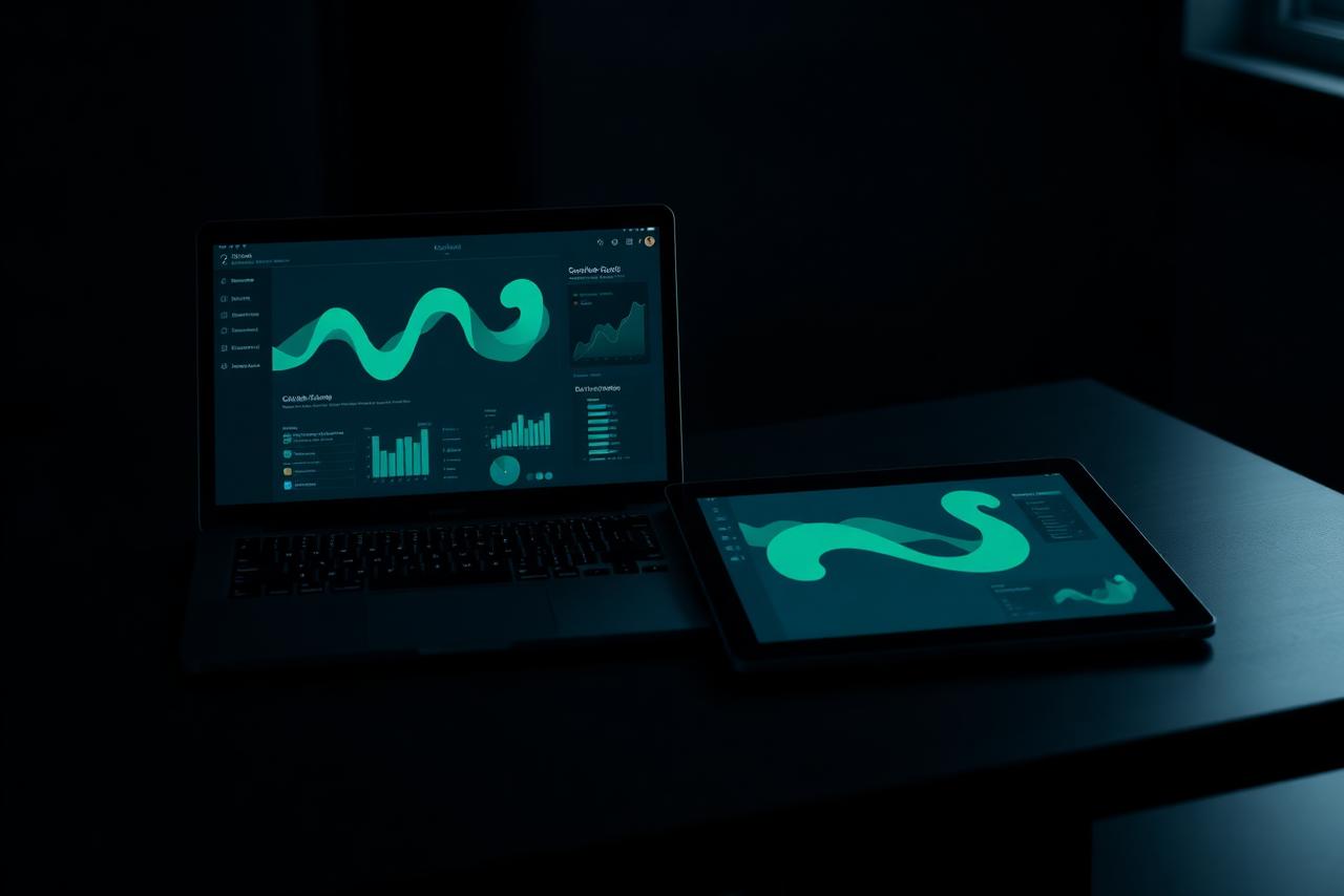 A laptop and tablet showing abstract dashboards in low light